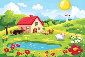 Fototapeta premium Beautiful landscape vector illustration of mountains, forests, fields and meadows. Stunning panoramic farm landscape with mountains in the background. Natural landscape