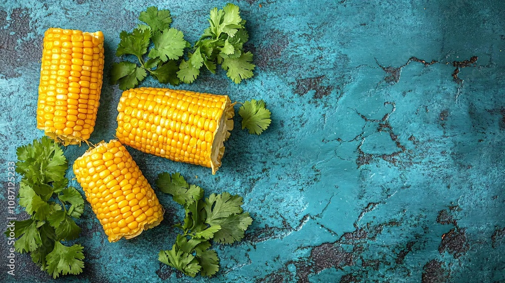 Poster Organic corn on the cob with husks partially peeled back paired with sprigs of mint and cilantro placed in a diagonal arrangement with side empty space for text Stockphoto style