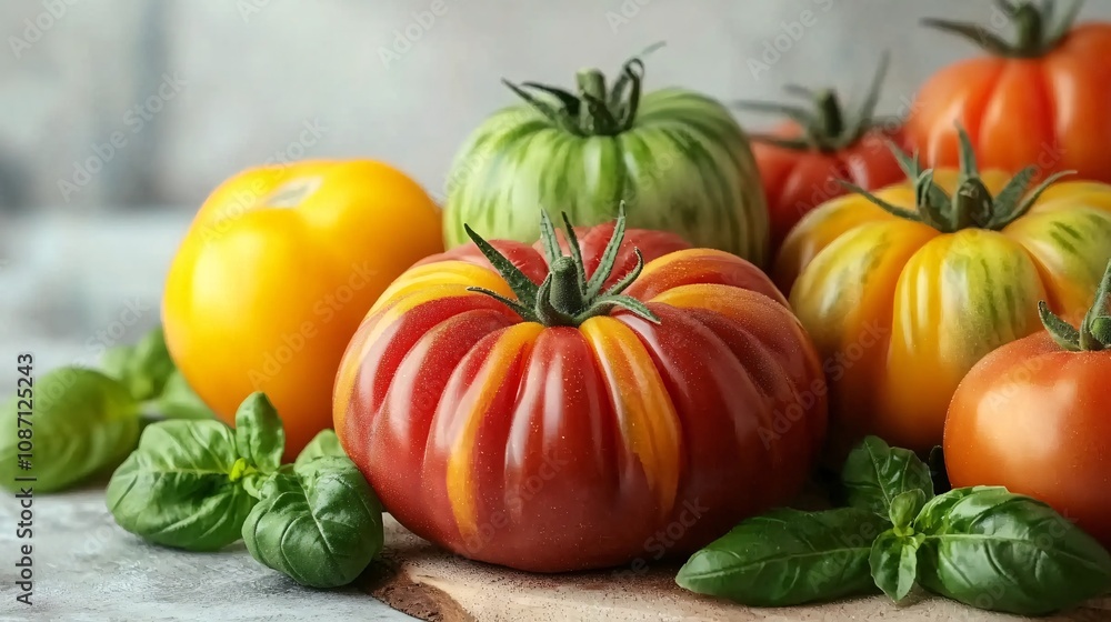 Poster An elegant display of heirloom tomatoes with bunches of oregano and rosemary scattered around on a light wooden surface with side empty space for text Stockphoto style