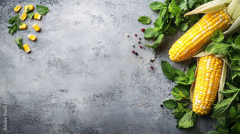 Aufkleber Organic corn on the cob with husks partially peeled back paired with sprigs of mint and cilantro placed in a diagonal arrangement with side empty space for text Stockphoto style