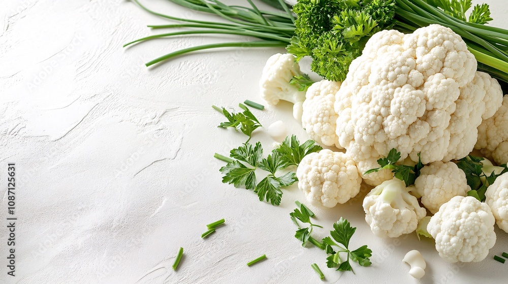 Poster fresh organic cauliflower head surrounded by sprigs of parsley and chives arranged naturally on a te