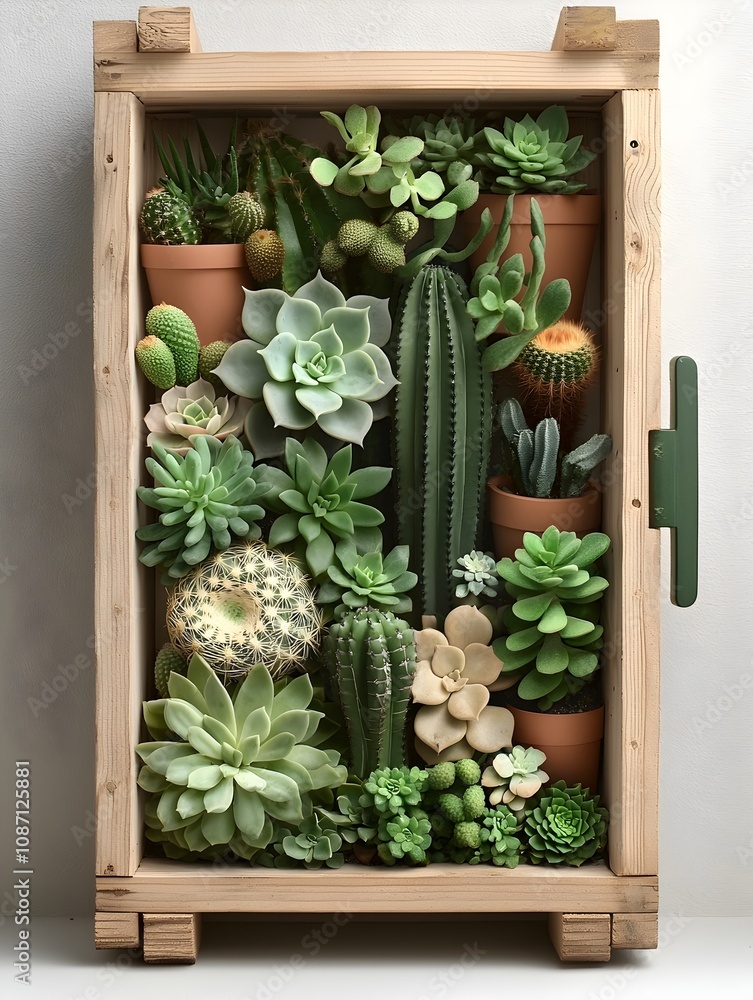 Poster meticulously curated display of lush succulents and architectural cacti plants nestled within a rust