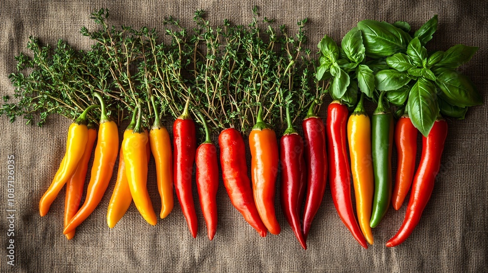 Poster An assortment of vibrant chili peppers with clusters of basil and thyme placed casually on a neutral fabric background with side empty space for text Stockphoto style