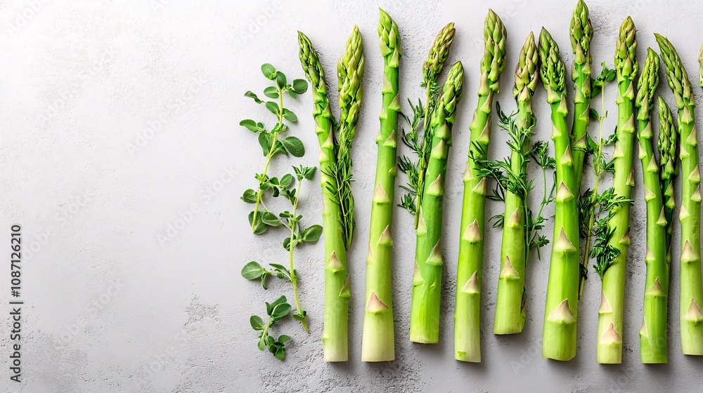 Poster fresh asparagus spears laid out in a straight line with sprigs of marjoram and tarragon arranged del