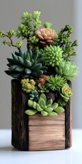 Charming reclaimed wood plant container brimming with an assortment of thriving verdant succulents and greenery displayed on a clean white surface  The natural organic arrangement creates a modern