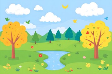 Obraz premium Beautiful landscape vector illustration of mountains, forests, fields and meadows. Stunning panoramic farm landscape with mountains in the background. Natural landscape