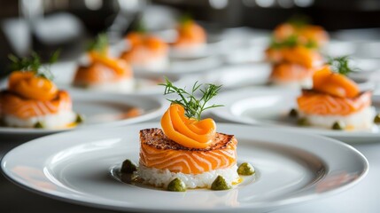 Gourmet Seafood Delight, exquisite close-up showcasing vibrant garnishes and rich textures of a meticulously plated seafood dish