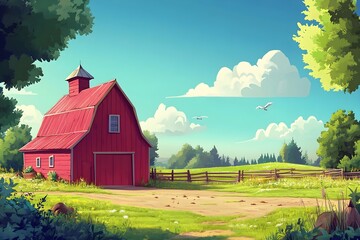 Obraz premium Beautiful landscape vector illustration of mountains, forests, fields and meadows. Stunning panoramic farm landscape with mountains in the background. Natural landscape