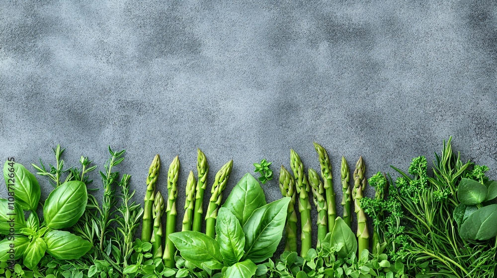 Poster fresh asparagus spears laid out in a straight line with sprigs of marjoram and tarragon arranged del