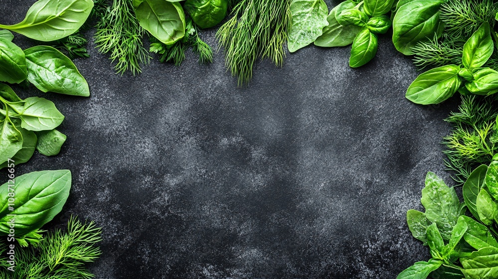 Poster mixed leafy greens including romaine and arugula with fresh basil and dill sprigs scattered lightly 