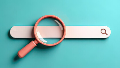 Minimalist search engine concept. Magnifying glass over a search bar on a teal background.