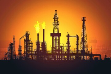 Obraz premium A striking silhouette of an oil refinery at sunset, showcasing industrial structures against a vibrant horizon.