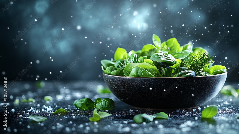 Poster mixed leafy greens including romaine and arugula with fresh basil and dill sprigs scattered lightly 