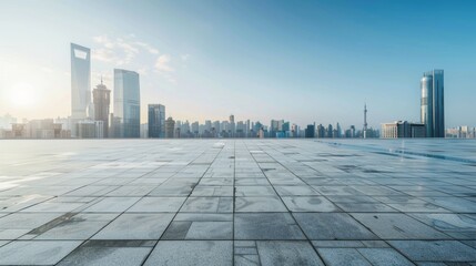Fototapeta premium Empty square floor with city skyline background, Urban tranquility, peaceful cityscape vista