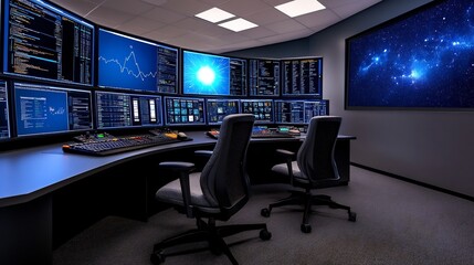 High-Tech Control Room with Multiple Screens for Cybersecurity Monitoring and Data Analysis