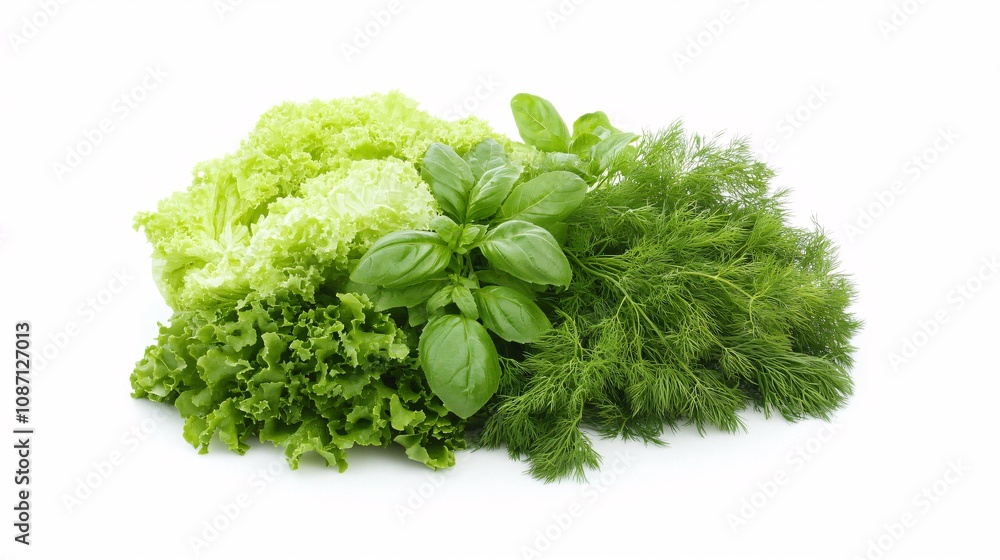 Poster mixed leafy greens including romaine and arugula with fresh basil and dill sprigs scattered lightly 