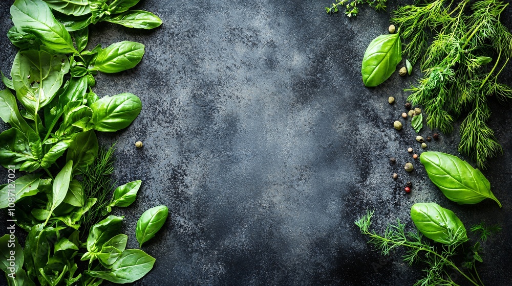Poster mixed leafy greens including romaine and arugula with fresh basil and dill sprigs scattered lightly 