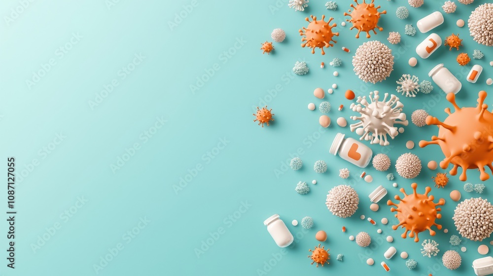 Poster vibrant pathogen clusters on soft colorful background for informative display, engaging visuals, ide