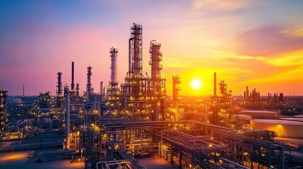 Fototapeta premium Industrial Refinery Silhouetted Against a Vibrant Sunset Sky