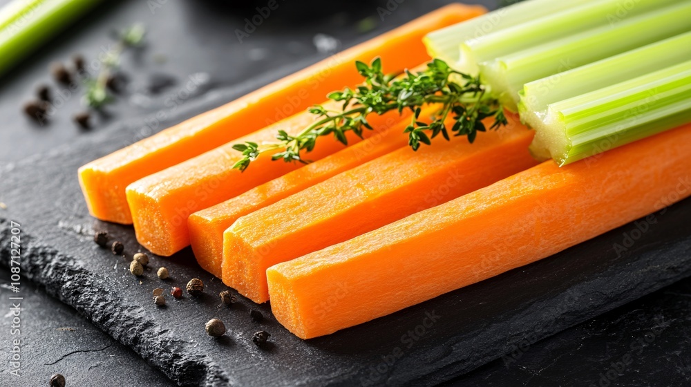 Poster Close-up of freshly chopped carrots and celery with thyme sprigs placed decoratively on a neutral-toned cutting board with side empty space for text Stockphoto style