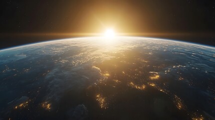 Earth viewed from space during sunrise, showing atmospheric glow, sunbeams through clouds, city lights, and dramatic orbital perspective of planet surface.