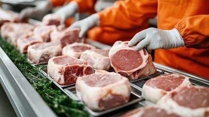 Workers in protective gloves and orange uniforms handling fresh meat on a production line with metal trays and greenery in a food processing facility