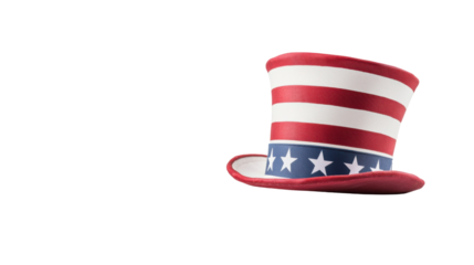 Festive red, white, and blue top hat displayed on a white background, symbolizing American patriotism for Independence Day celebrations
