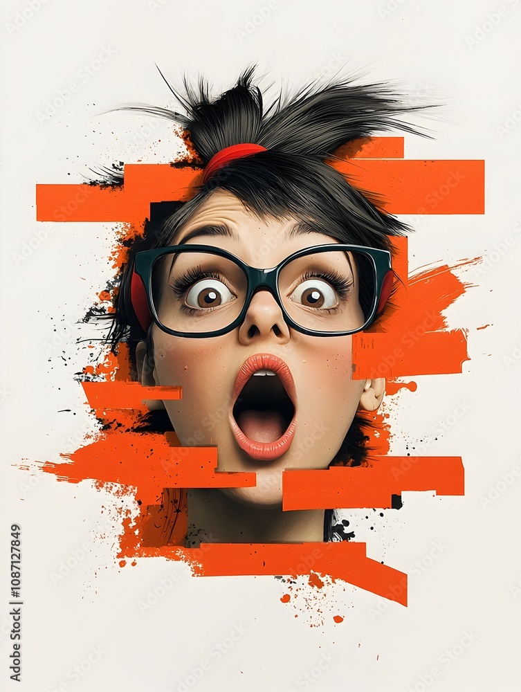 Poster retro pop art style interpretation of a woman with surprised and emotive facial features bold overla