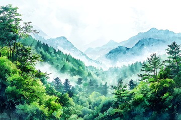 Fototapeta premium Misty Mountain Landscape A Watercolor-Style Illustration of a Serene Forest and Mountain Range.