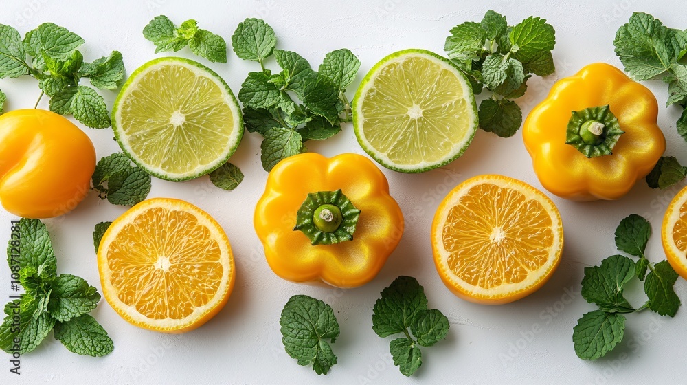 Poster bright yellow bell peppers sliced in half surrounded by fresh cilantro and mint leaves displayed aga