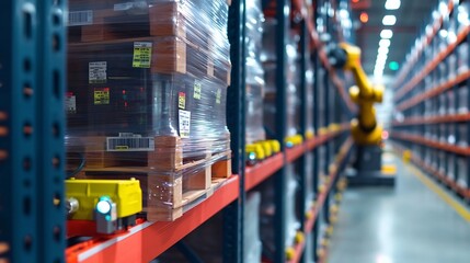 Obraz premium Capacity Shipping System, Automated Warehouse Racking System with Robotic Arms Showcasing Futuristic Technology and Efficiency