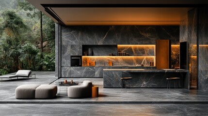 Modern kitchen with sleek design and natural surroundings.