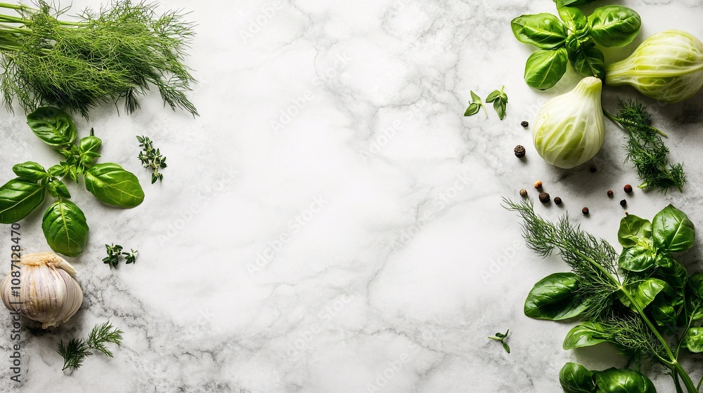 Poster an artistic cluster of fresh fennel bulbs paired with sprigs of dill and oregano on a white marble s