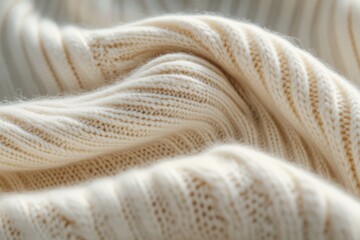 Intricate wrinkles in a knitted cream fabric creating elegant patterns, emphasizing the textile's soft, cozy qualities and artistic craftsmanship.