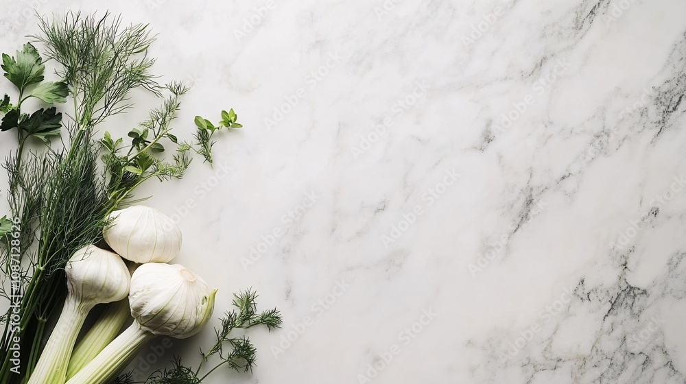 Poster an artistic cluster of fresh fennel bulbs paired with sprigs of dill and oregano on a white marble s