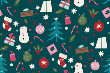Christmas Seamless pattern with a snowman, Christmas tree and decoration. Limited color palette, fits for any type of print design