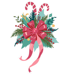 Christmas wreath with large bow, candy cane, berries and holly leaves. Limited color palette, fits for any type of print design. 