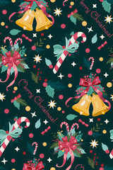 Christmas seamless pattern with bells, candy stick, bow, wreath. Limited color palette, fits for any type f print design. 