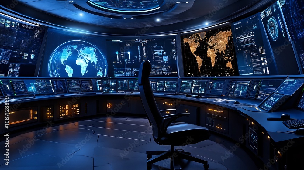 Poster high-tech control room for cybersecurity and data monitoring