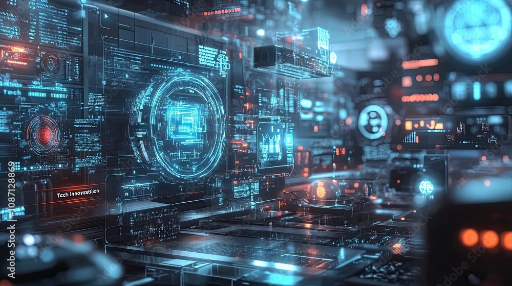 Poster futuristic technology interface with holographic displays and data streams