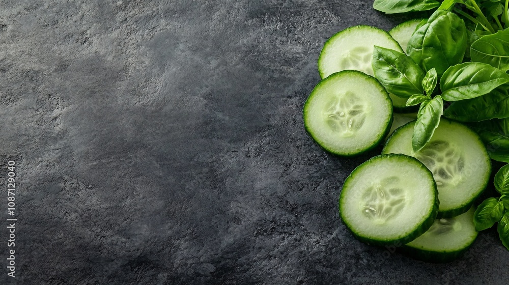 Poster Organic cucumbers sliced lengthwise paired with sprigs of parsley and basil laid out in a minimalist composition with side empty space for text Stockphoto style