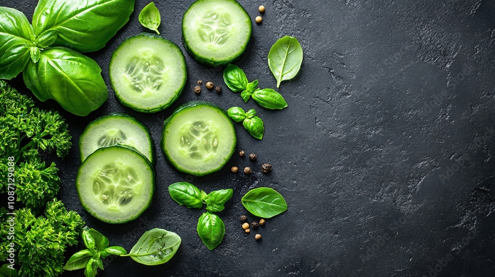 Poster Organic cucumbers sliced lengthwise paired with sprigs of parsley and basil laid out in a minimalist composition with side empty space for text Stockphoto style