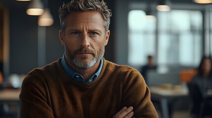 Fototapeta premium Executive with arms crossed confidently observing team discussions in an open office wearing a serious expression real photo