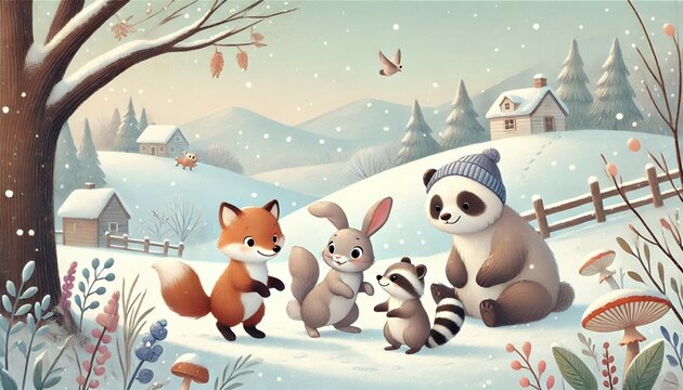 A Delightful Storybook Illustration of Five Adorable Animals Enjoying a Snowy Winter Day