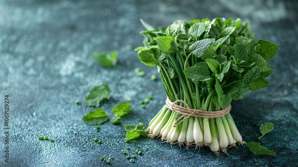 Aufkleber A bundle of freshly harvested scallions tied with twine alongside sprigs of chives and mint on a rustic fabric background with side empty space for text Stockphoto style
