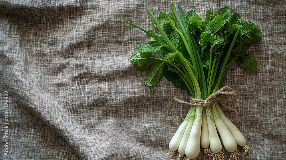 Poster a bundle of freshly harvested scallions tied with twine alongside sprigs of chives and mint on a rus