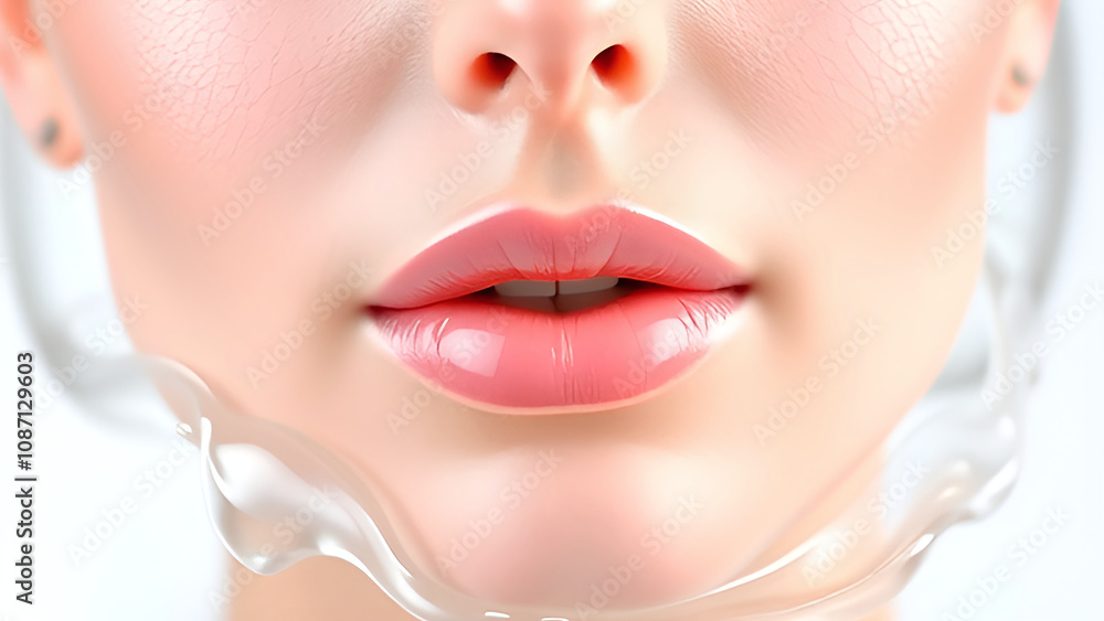 Poster a close-up of the lower part of the person's face is shown. the lips are visible, which have a pink 