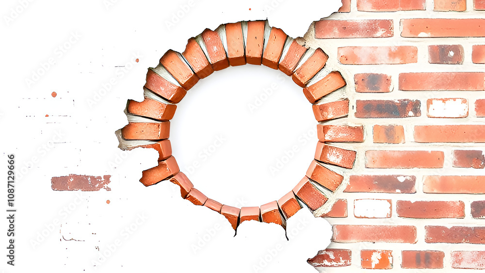 Poster a brick wall with a large hole in the center. the bricks are red in color, laid in a traditional che