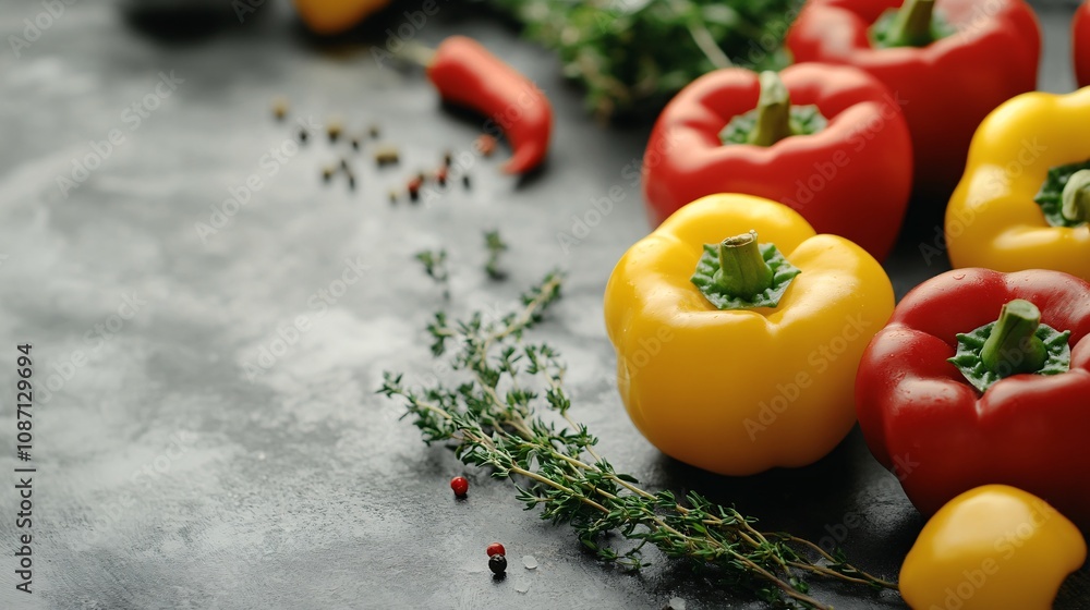 Fototapete An elegant arrangement of red and yellow bell peppers with clusters of thyme and rosemary placed symmetrically for visual appeal with side empty space for text Stockphoto style