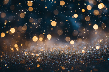 Obraz premium Abstract background golden glitter with blurred bokeh. Luxury backdrop template for new year, christmas, party or holiday cards with place for text